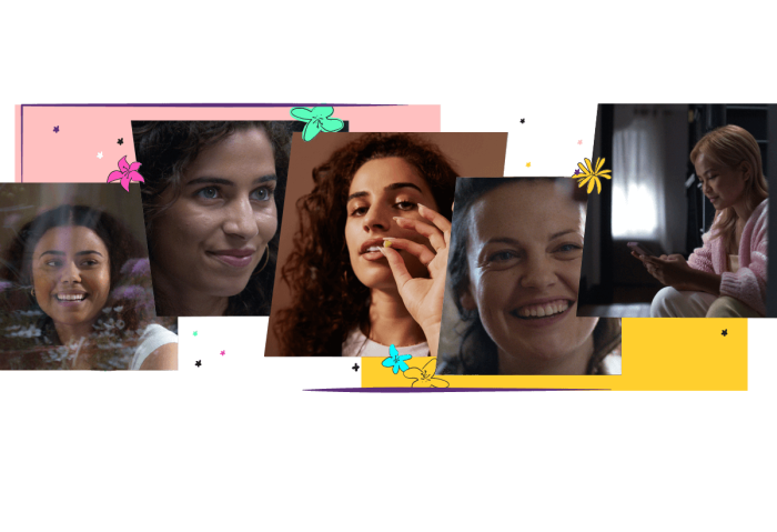 Verschiedene Fotos von lächelnden Frauen nebeneinander umgeben von gezeichneten bunten Blumen