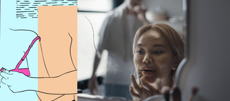 Foto einer Frau die sich im Spiegel betrachtet, im Hintergrund steht ein Mann und putzt sich die Zähne. Daneben in Illustration der Rücken einer Frau, ihr BH wird gerade geöffnet