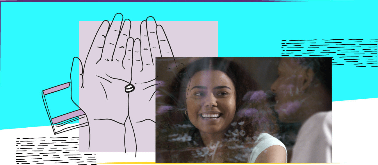 Foto einer lächelnden Frau, daneben die Illustration von ausgestreckten Händen die eine Pille halten