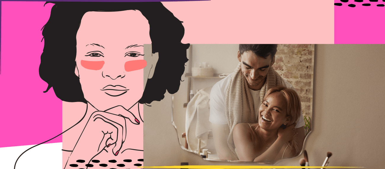 Foto eines lächelnden Pärchens im Spiegel, daneben die Illustration eines Frauenkopfes